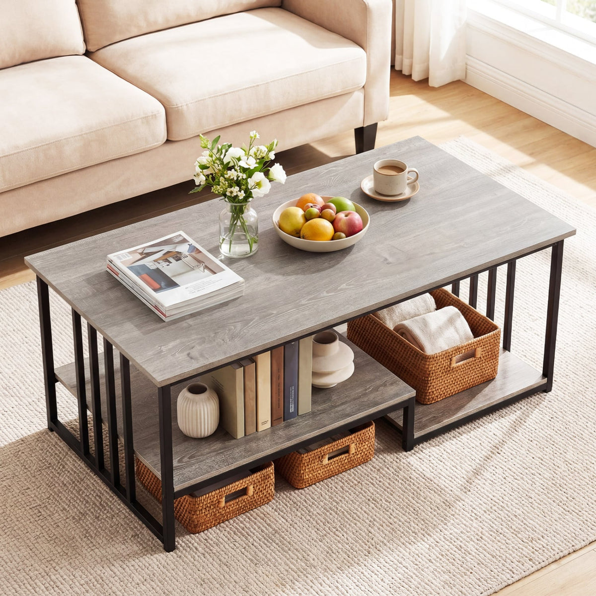 43.5 inches Coffee Table 2-Tier with Open Storage Shelf-Oak