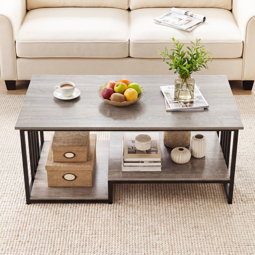 43.5 inches Coffee Table 2-Tier with Open Storage Shelf-Oak