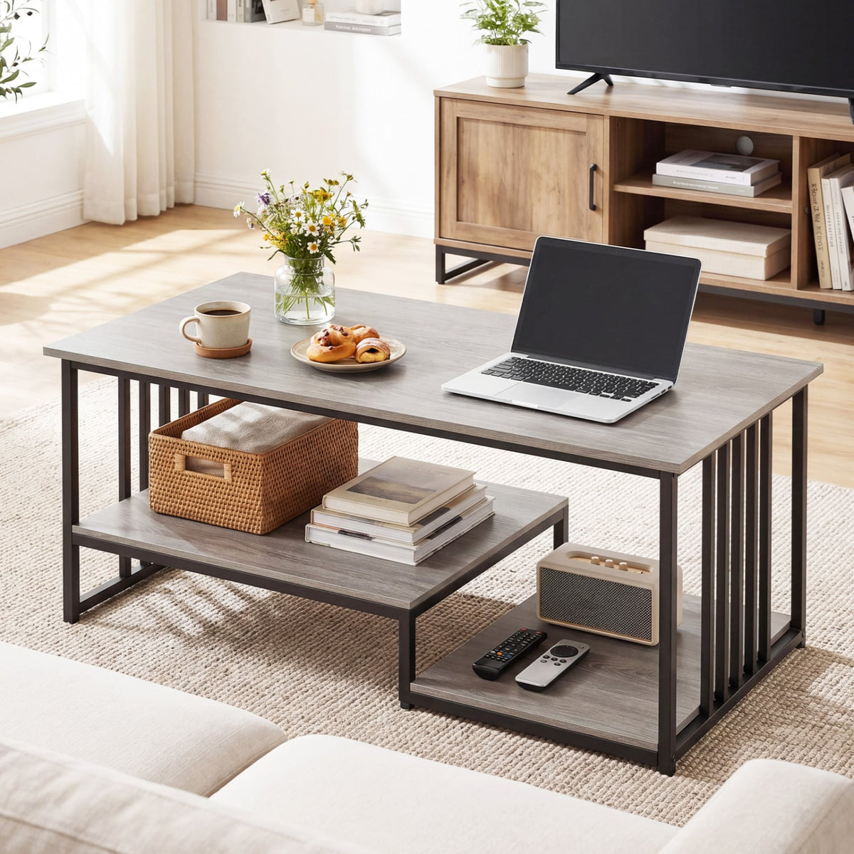 43.5 inches Coffee Table 2-Tier with Open Storage Shelf-Oak