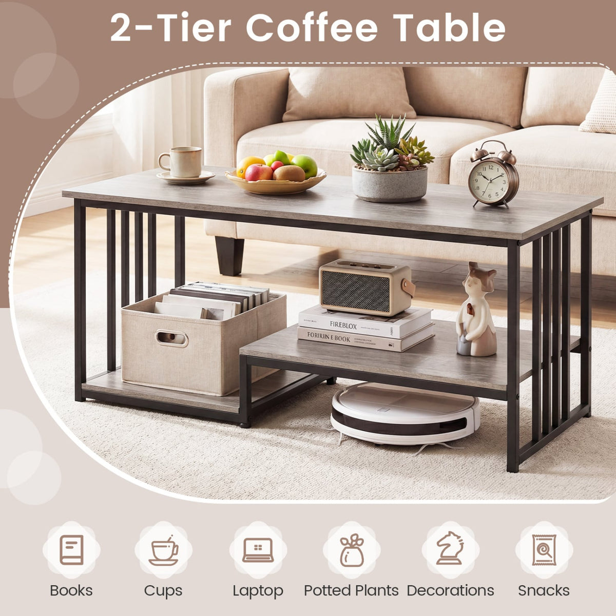43.5 inches Coffee Table 2-Tier with Open Storage Shelf-Oak