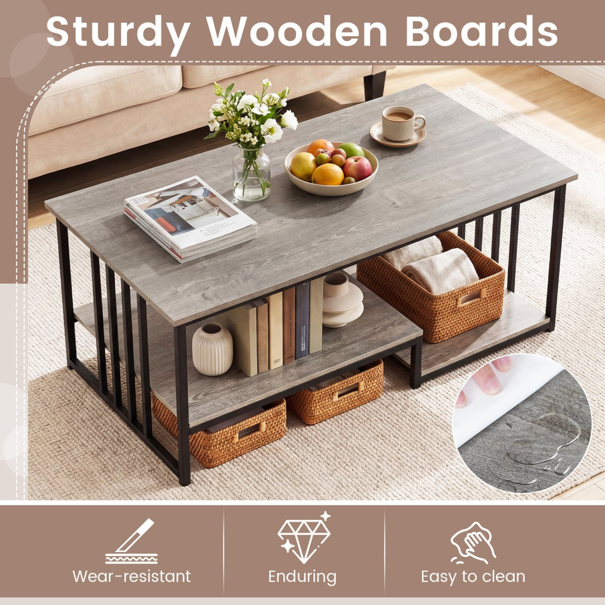 43.5 inches Coffee Table 2-Tier with Open Storage Shelf-Oak