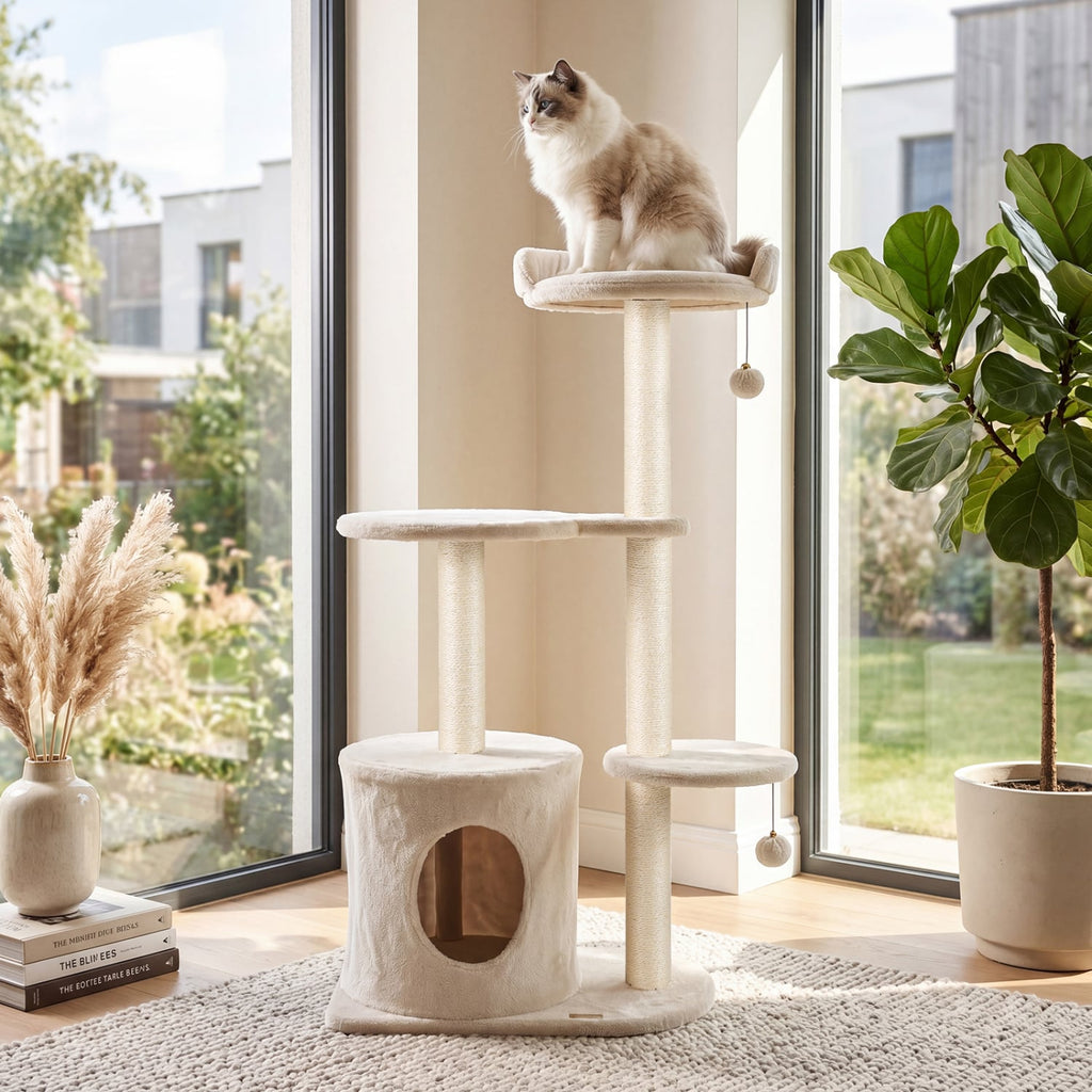43 Inch Cat Tree with 15 Inch Top Perch, Condo and Fully Wrapped Sisal Posts, Beige
