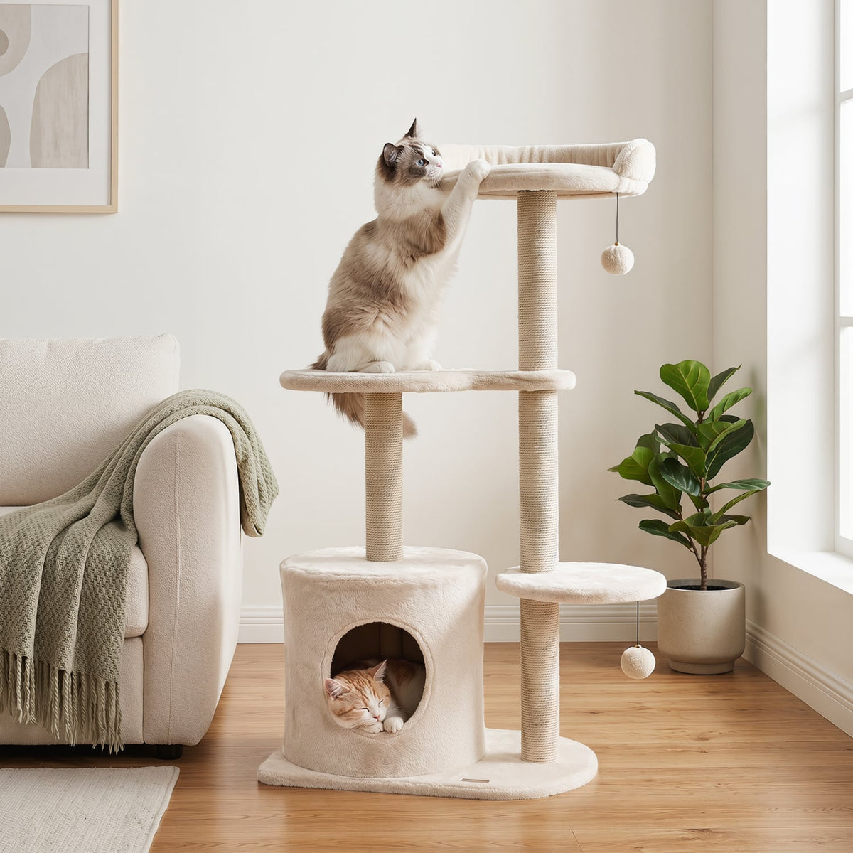 43 Inch Cat Tree with 15 Inch Top Perch, Condo and Fully Wrapped Sisal Posts, Beige