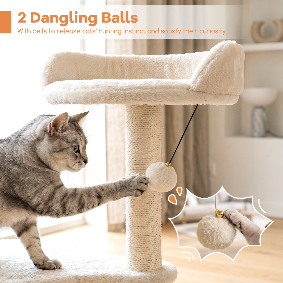 43 Inch Cat Tree with 15 Inch Top Perch, Condo and Fully Wrapped Sisal Posts, Beige