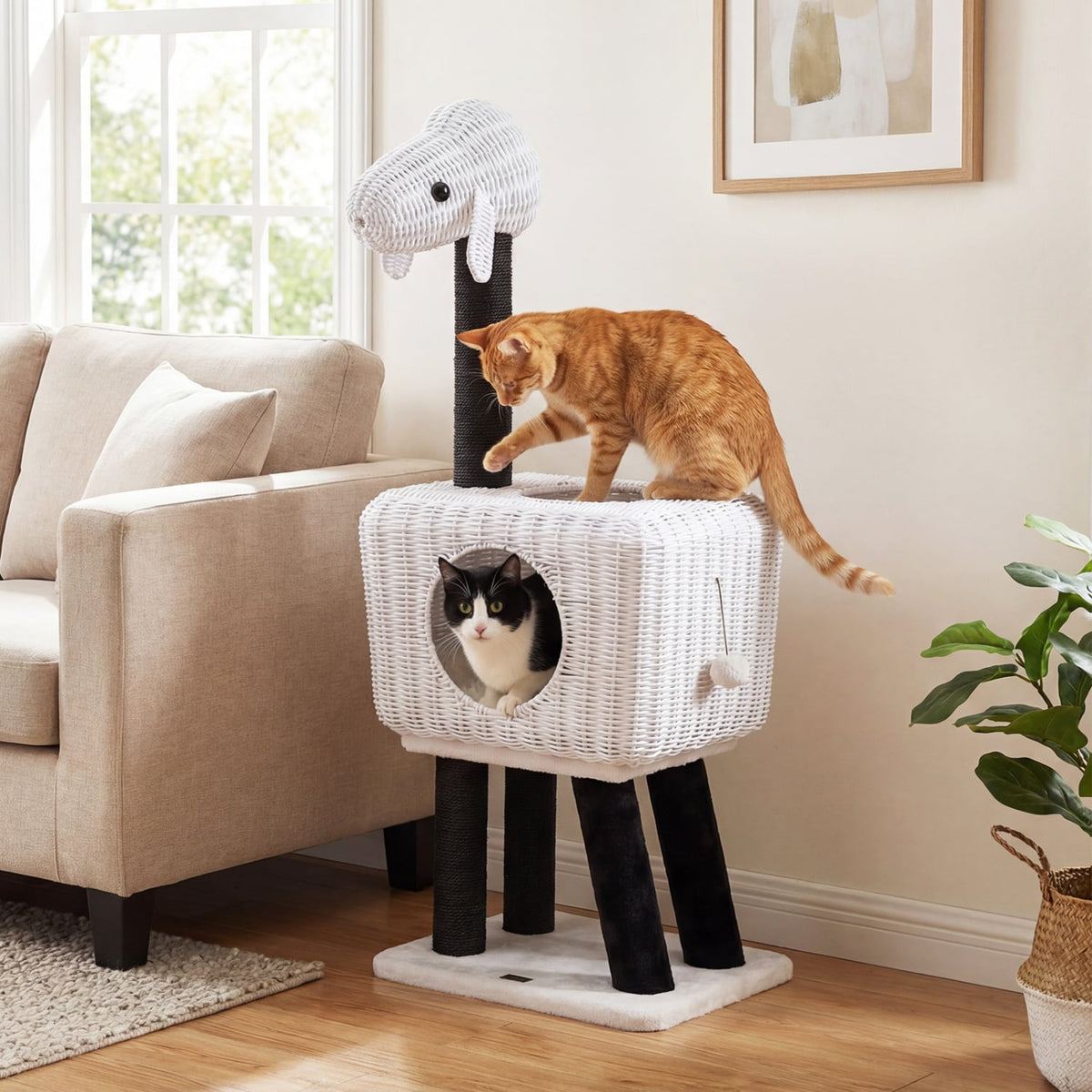 43 Inch Lamb Shaped Cat Tower with Woven Rattan Condo and Two Doors, White