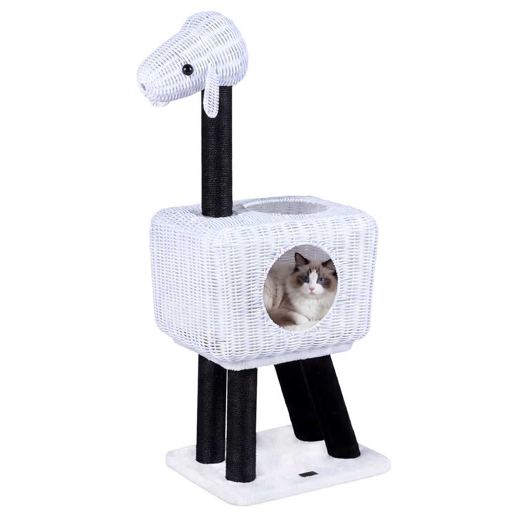 43 Inch Lamb Shaped Cat Tower with Woven Rattan Condo and Two Doors, White