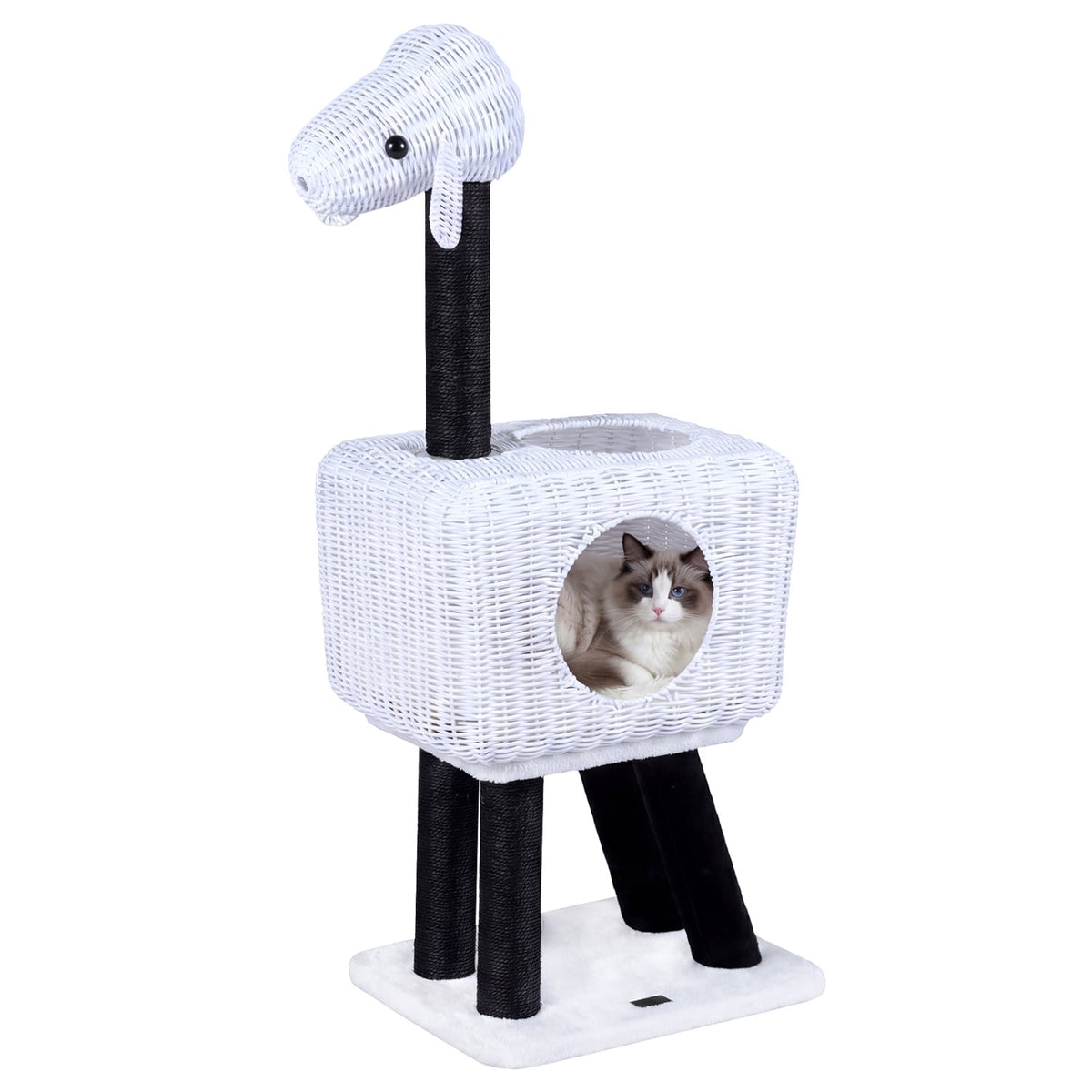 43 Inch Lamb Shaped Cat Tower with Woven Rattan Condo and Two Doors, White
