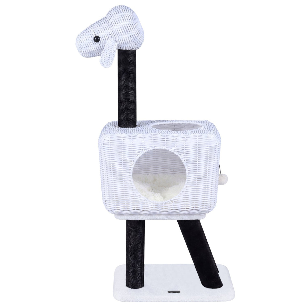 43 Inch Lamb Shaped Cat Tower with Woven Rattan Condo and Two Doors, White