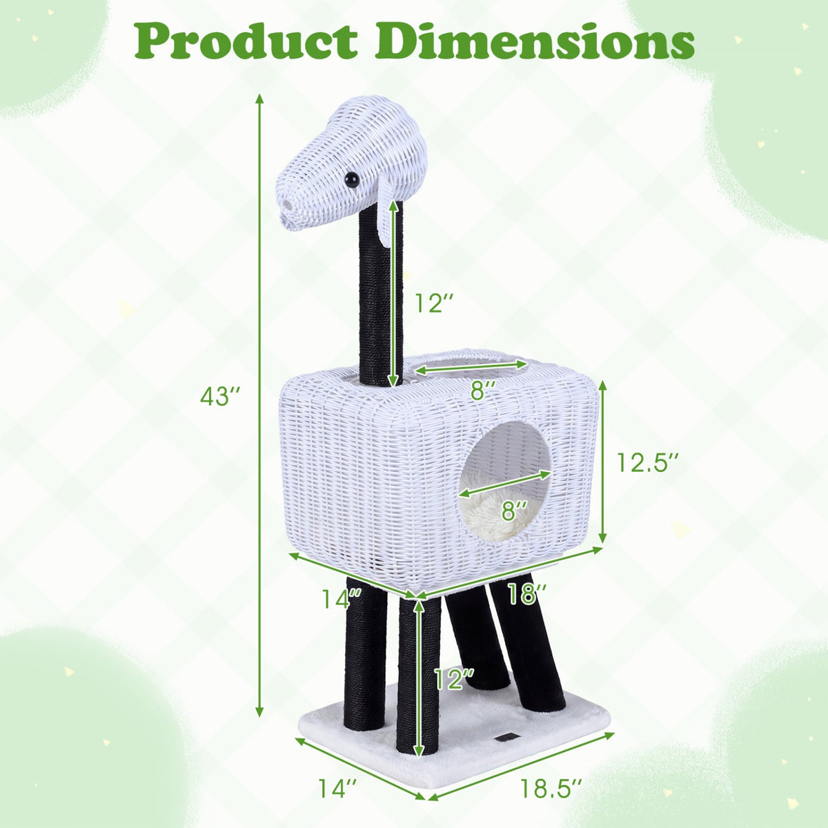43 Inch Lamb Shaped Cat Tower with Woven Rattan Condo and Two Doors, White