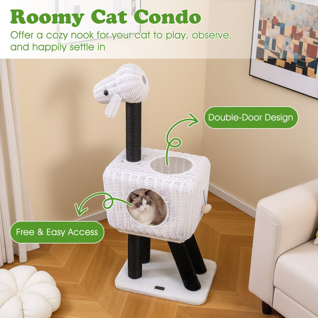 43 Inch Lamb Shaped Cat Tower with Woven Rattan Condo and Two Doors, White