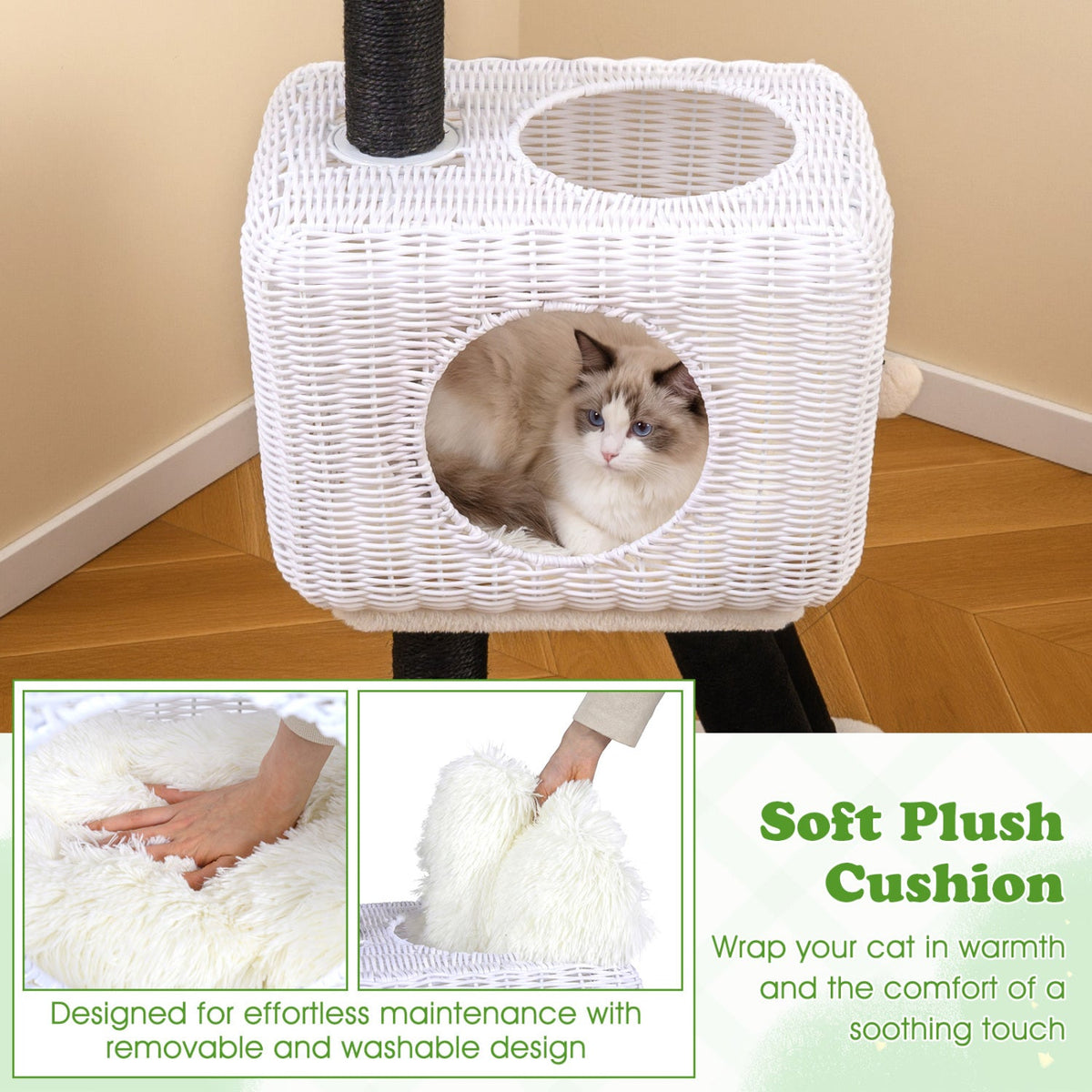 43 Inch Lamb Shaped Cat Tower with Woven Rattan Condo and Two Doors, White