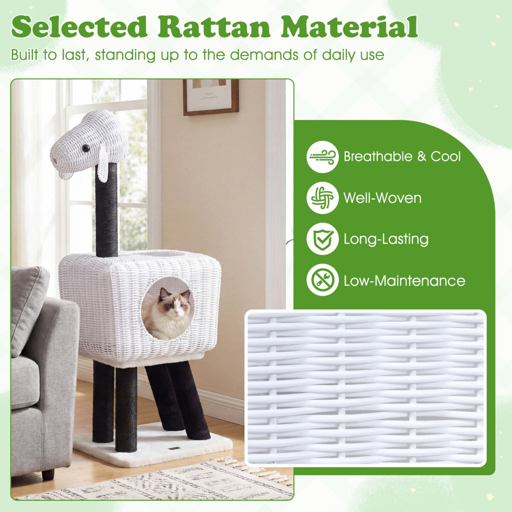 43 Inch Lamb Shaped Cat Tower with Woven Rattan Condo and Two Doors, White