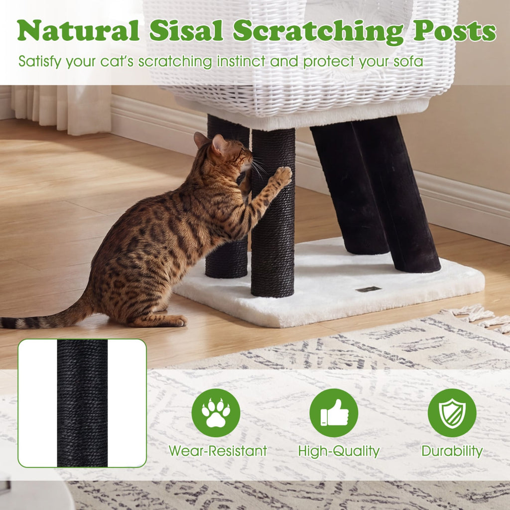 43 Inch Lamb Shaped Cat Tower with Woven Rattan Condo and Two Doors, White