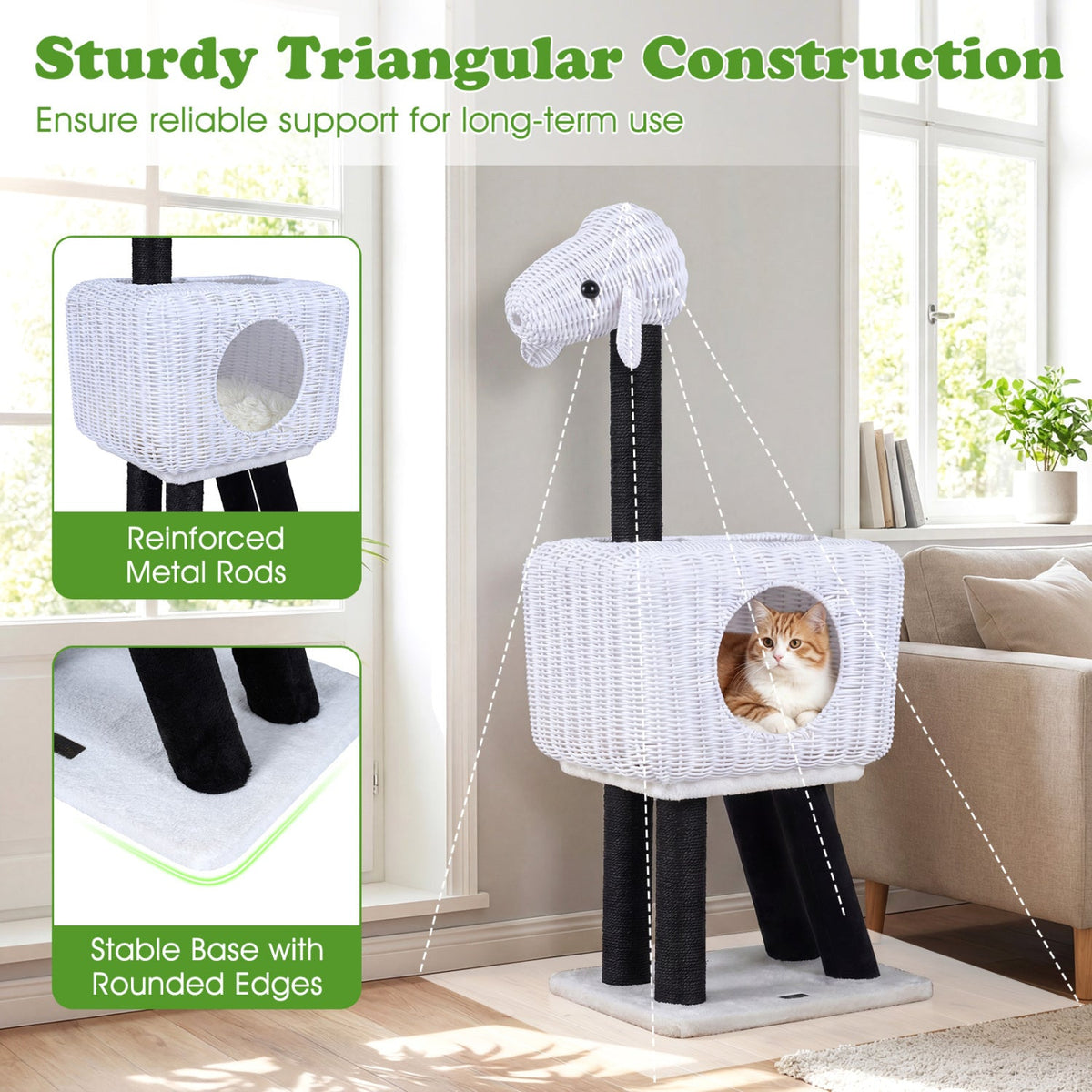 43 Inch Lamb Shaped Cat Tower with Woven Rattan Condo and Two Doors, White