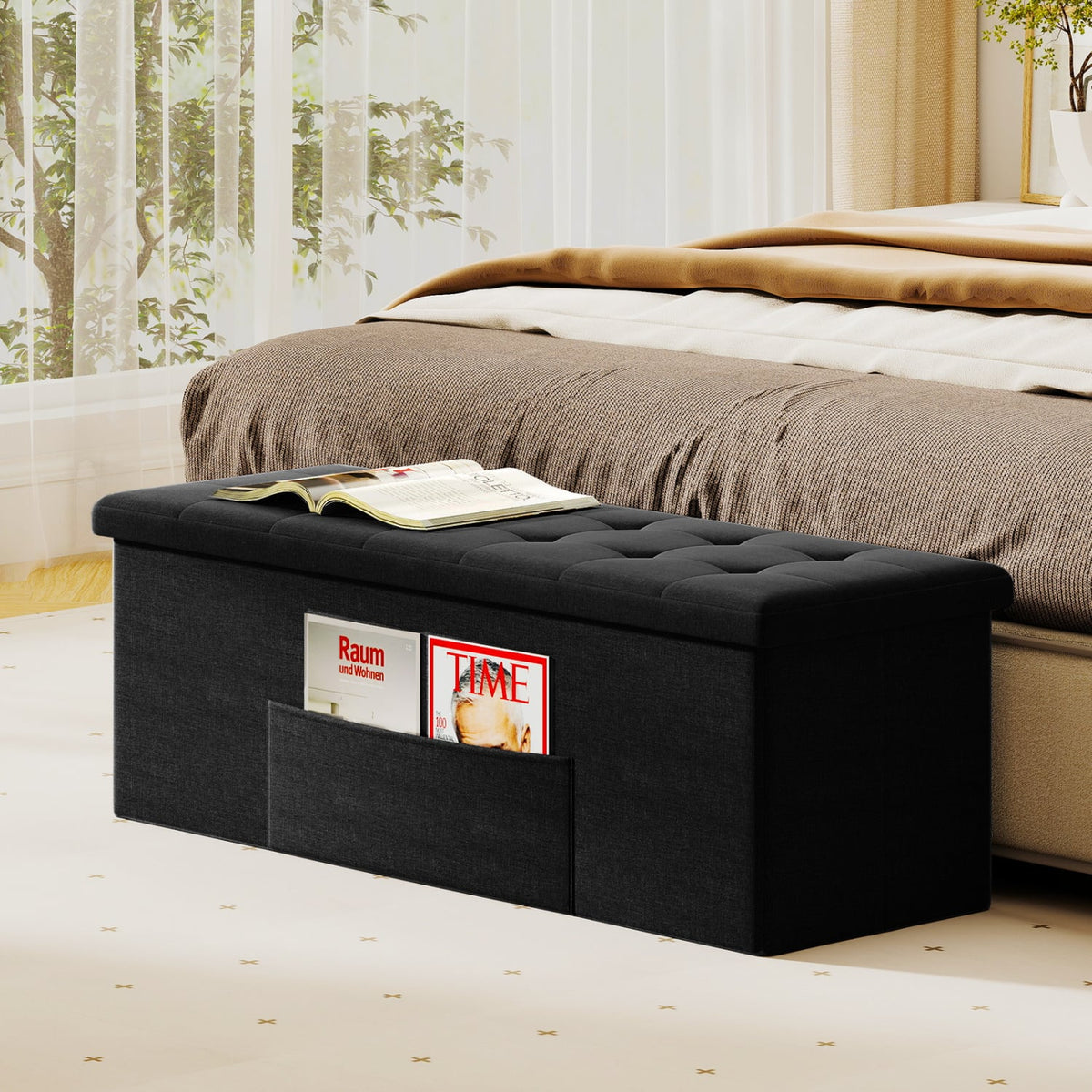 43 Inches Folding Storage Ottoman Bench with Padded Seat-Black