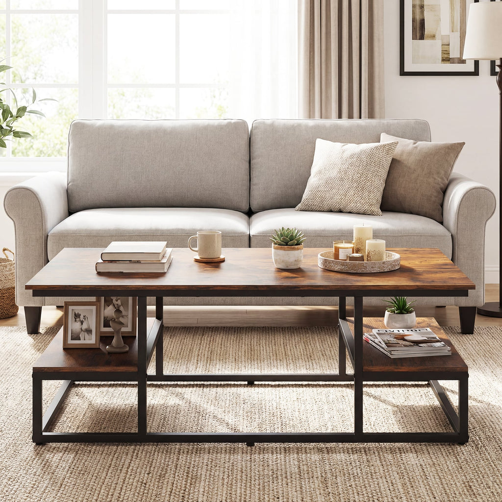 43 inches Rectangle Coffee Table with Storage and Open Shelves-Rusticbrown