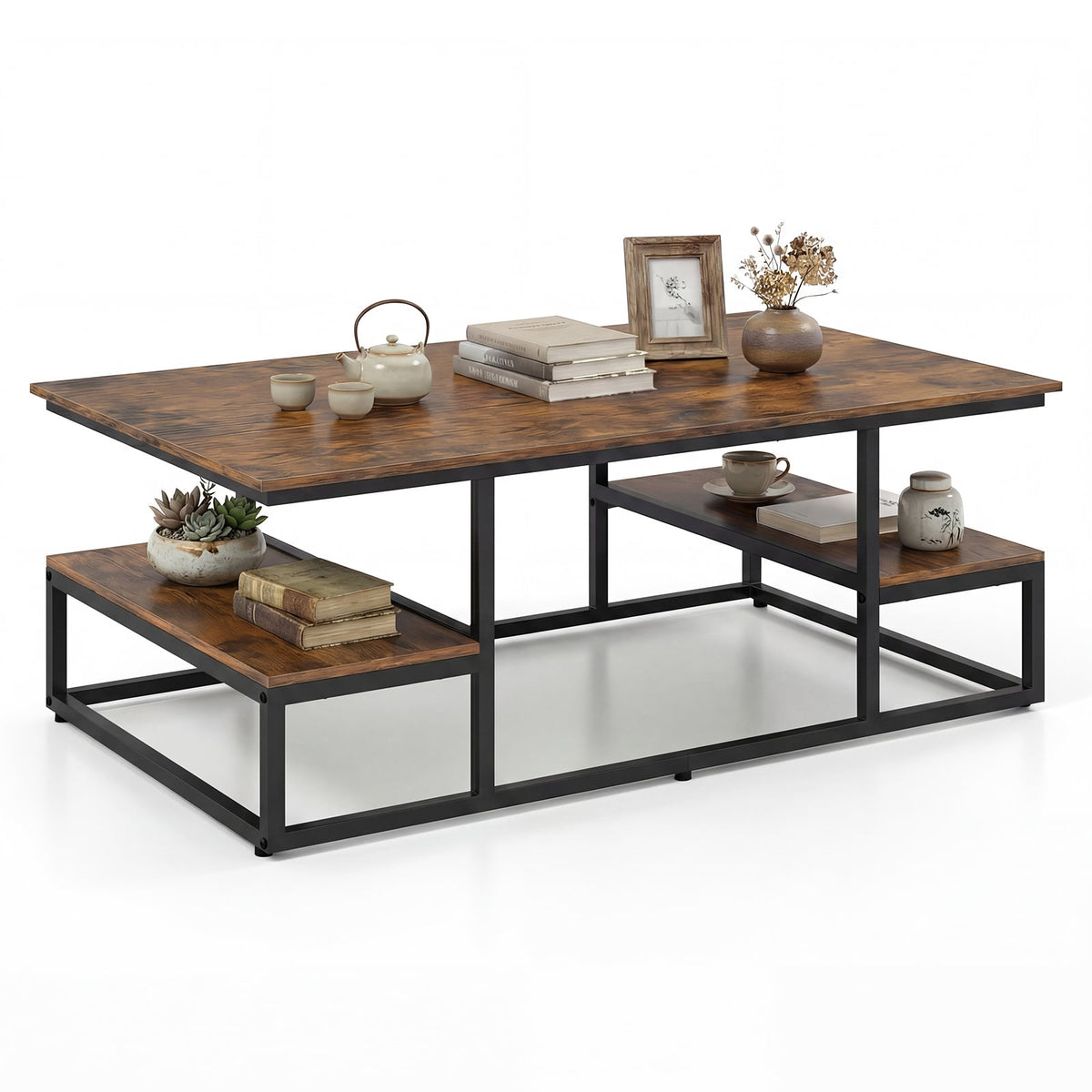 43 inches Rectangle Coffee Table with Storage and Open Shelves-Rusticbrown
