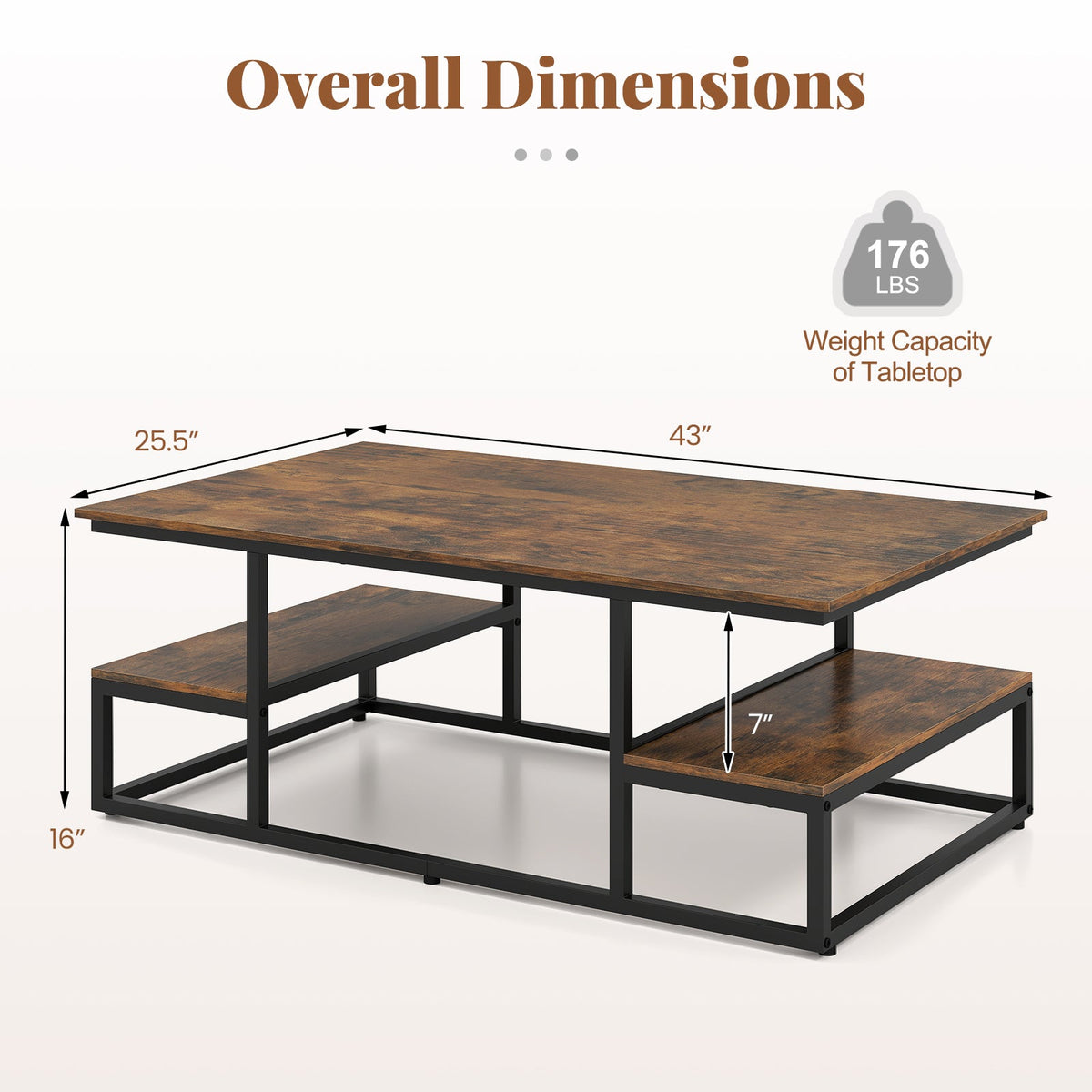 43 inches Rectangle Coffee Table with Storage and Open Shelves-Rusticbrown