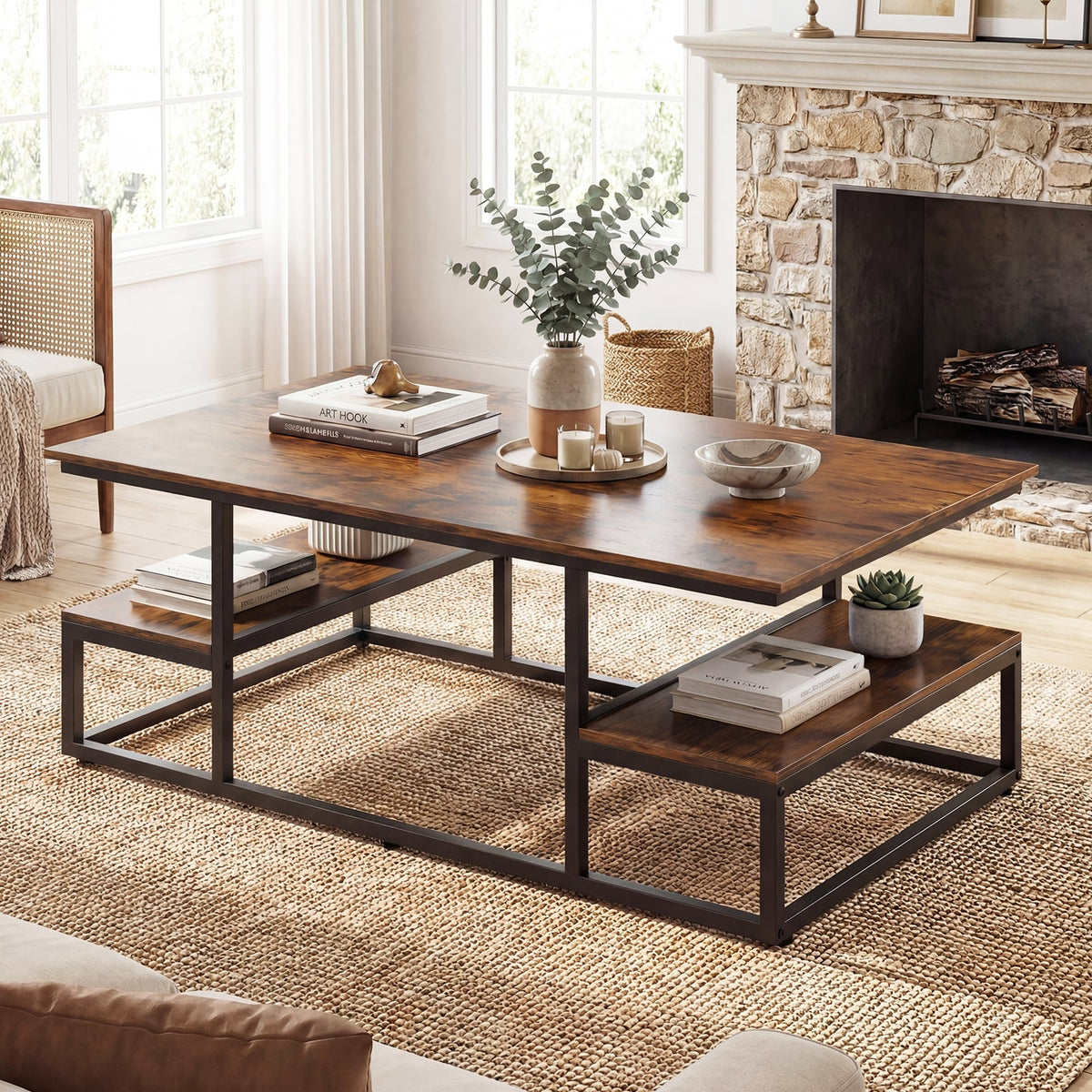 43 inches Rectangle Coffee Table with Storage and Open Shelves-Rusticbrown