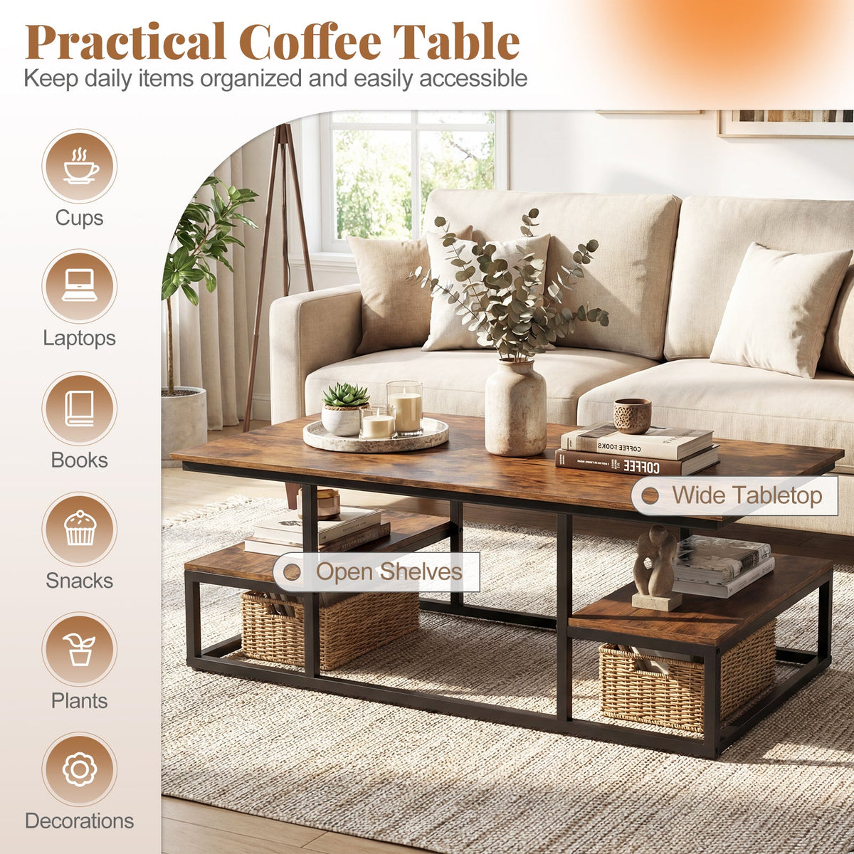 43 inches Rectangle Coffee Table with Storage and Open Shelves-Rusticbrown