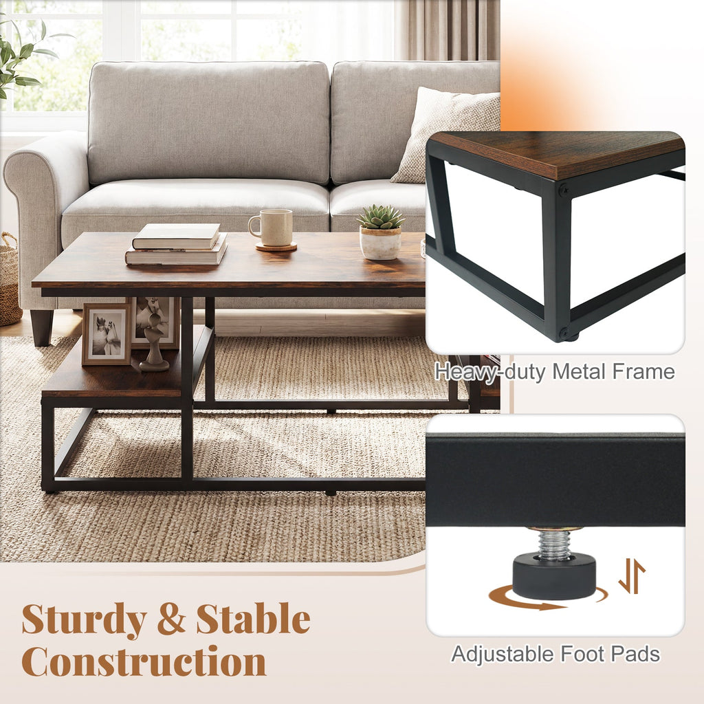 43 inches Rectangle Coffee Table with Storage and Open Shelves-Rusticbrown