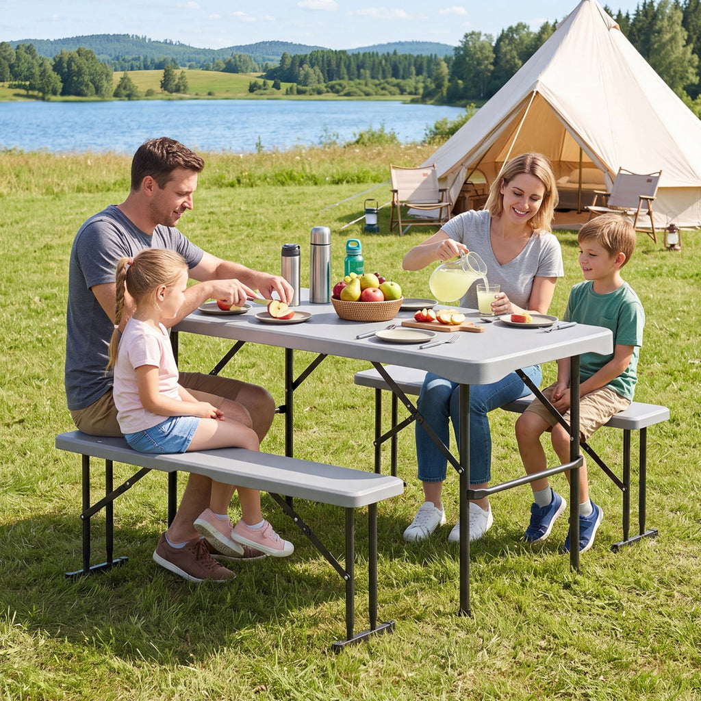 44 inches HDPE Folding Picnic Table Set with 2 Benches-Gray