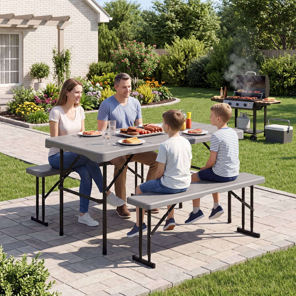 44 inches HDPE Folding Picnic Table Set with 2 Benches-Gray