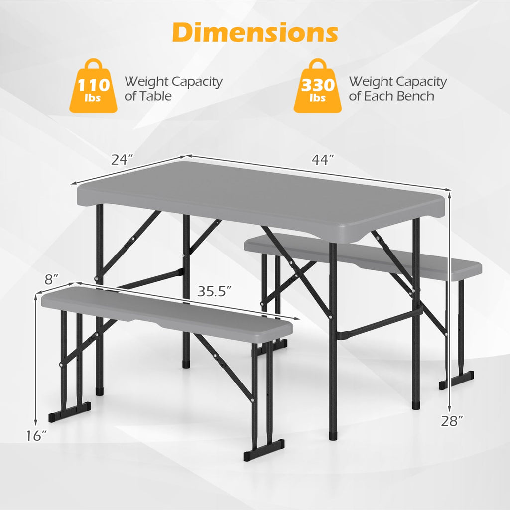 44 inches HDPE Folding Picnic Table Set with 2 Benches-Gray