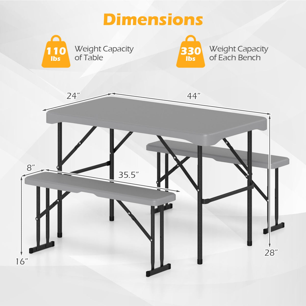 44 inches HDPE Folding Picnic Table Set with 2 Benches-Gray