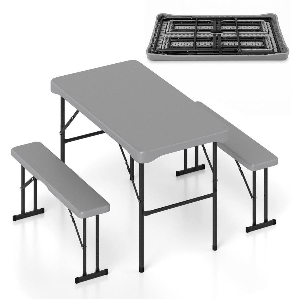 44 inches HDPE Folding Picnic Table Set with 2 Benches-Gray