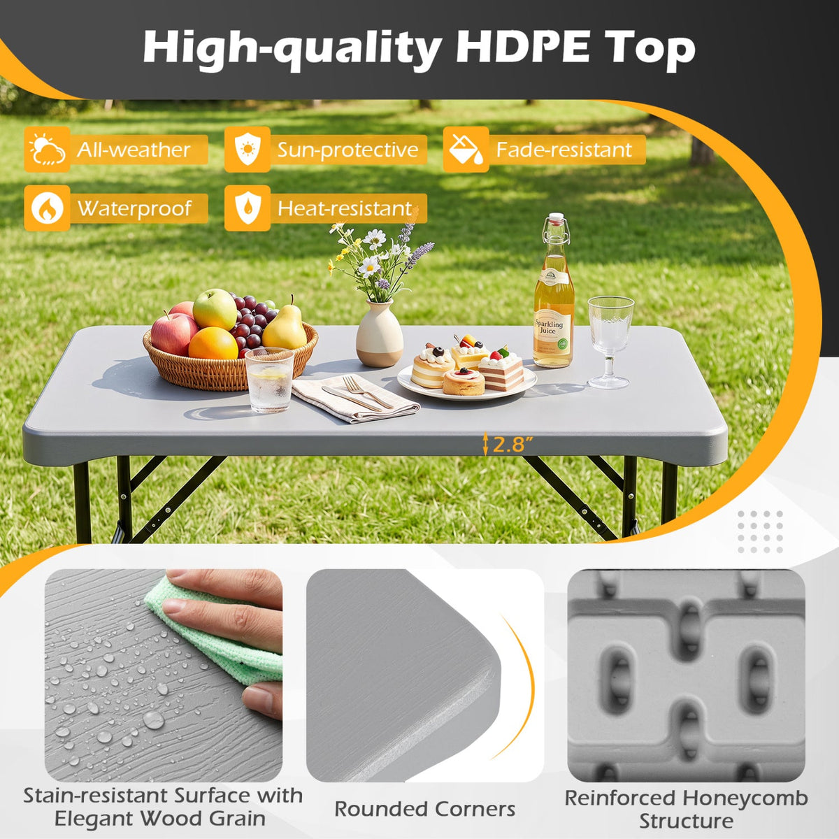 44 inches HDPE Folding Picnic Table Set with 2 Benches-Gray