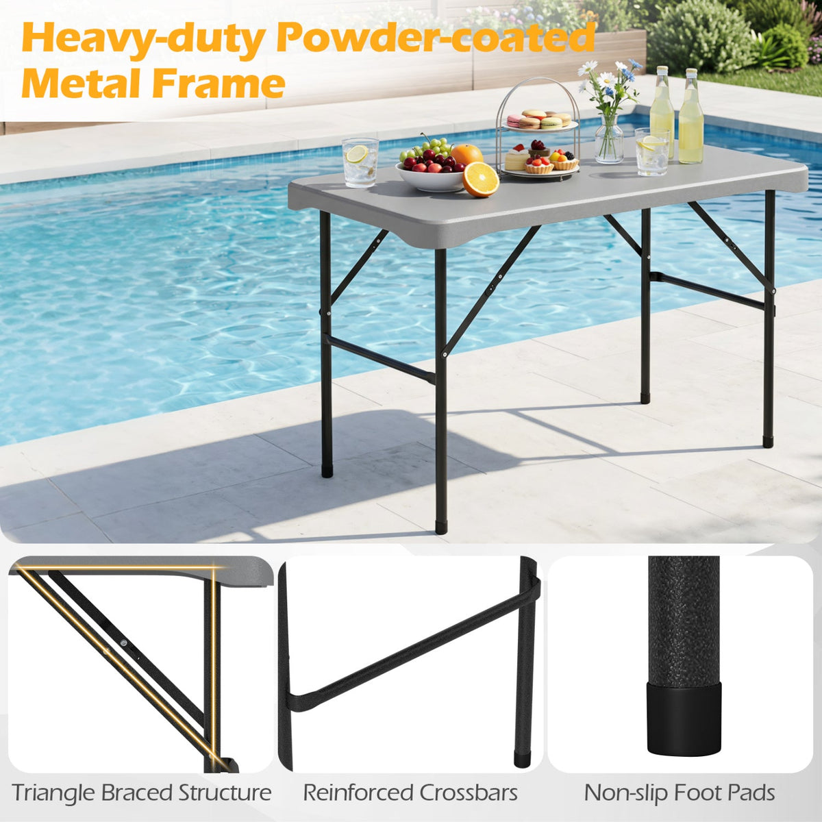 44 inches HDPE Folding Picnic Table Set with 2 Benches-Gray