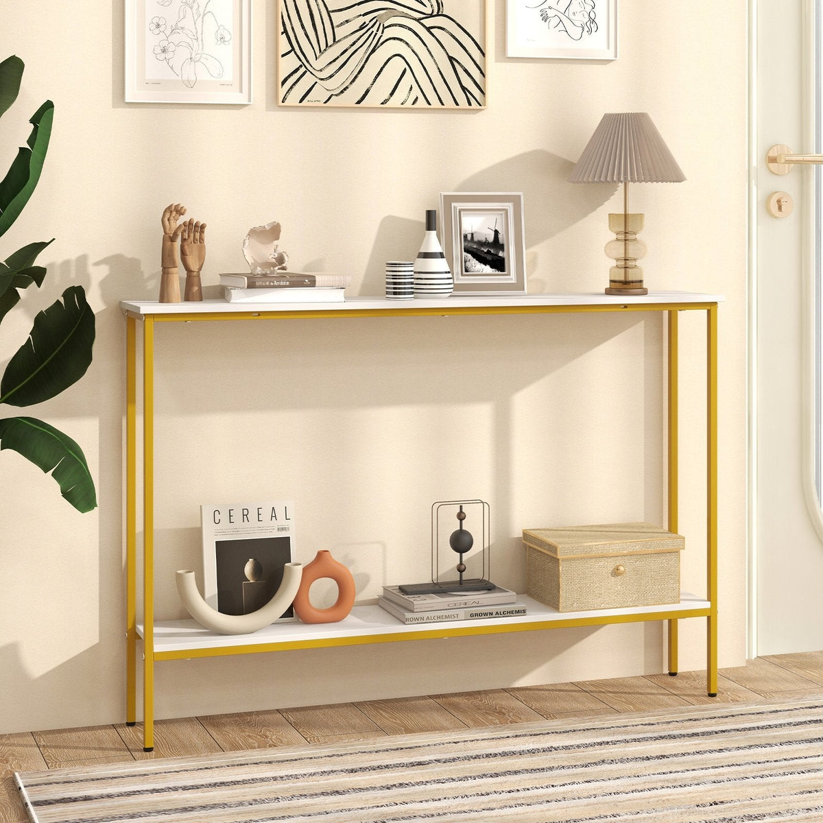 44 Inch Console Table with Shelf with Dual Anti-Tipping Kits-White