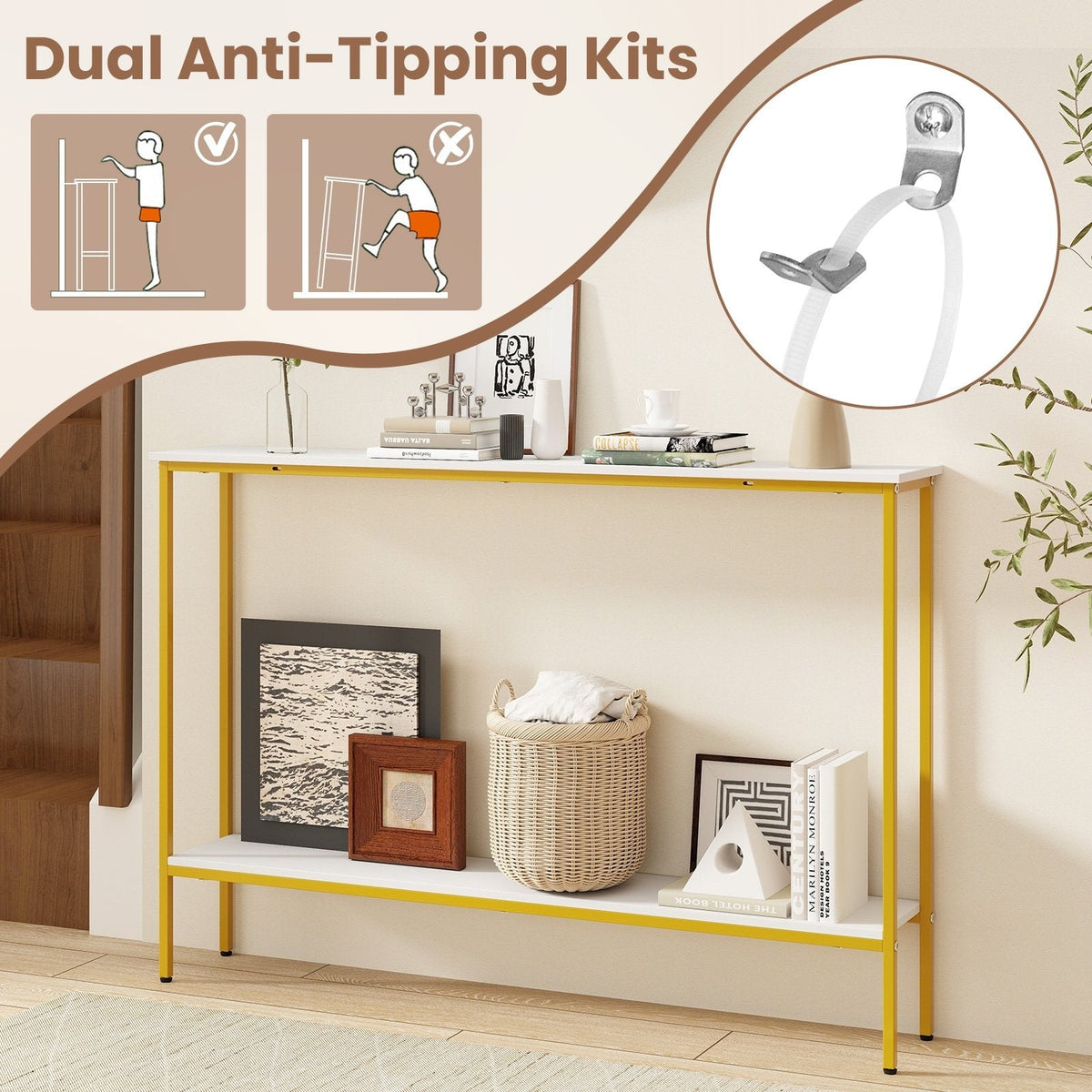 44 Inch Console Table with Shelf with Dual Anti-Tipping Kits-White