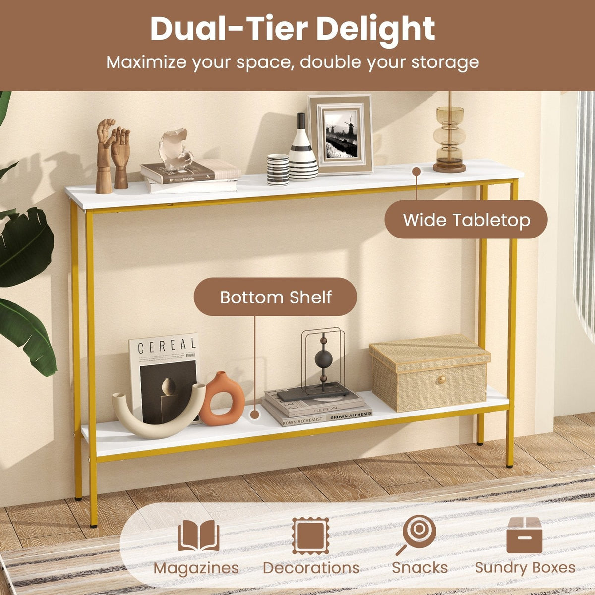 44 Inch Console Table with Shelf with Dual Anti-Tipping Kits-White