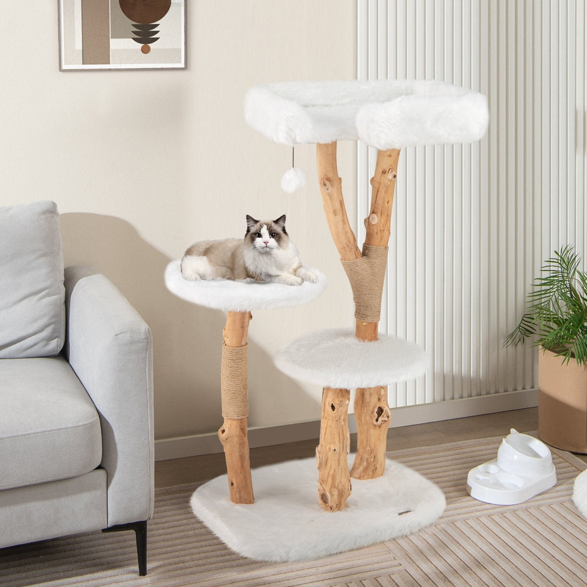 44 Inch Solid Pear Wood Cat Tree with 21 Inch Top Perch and Natural Jute Posts, White