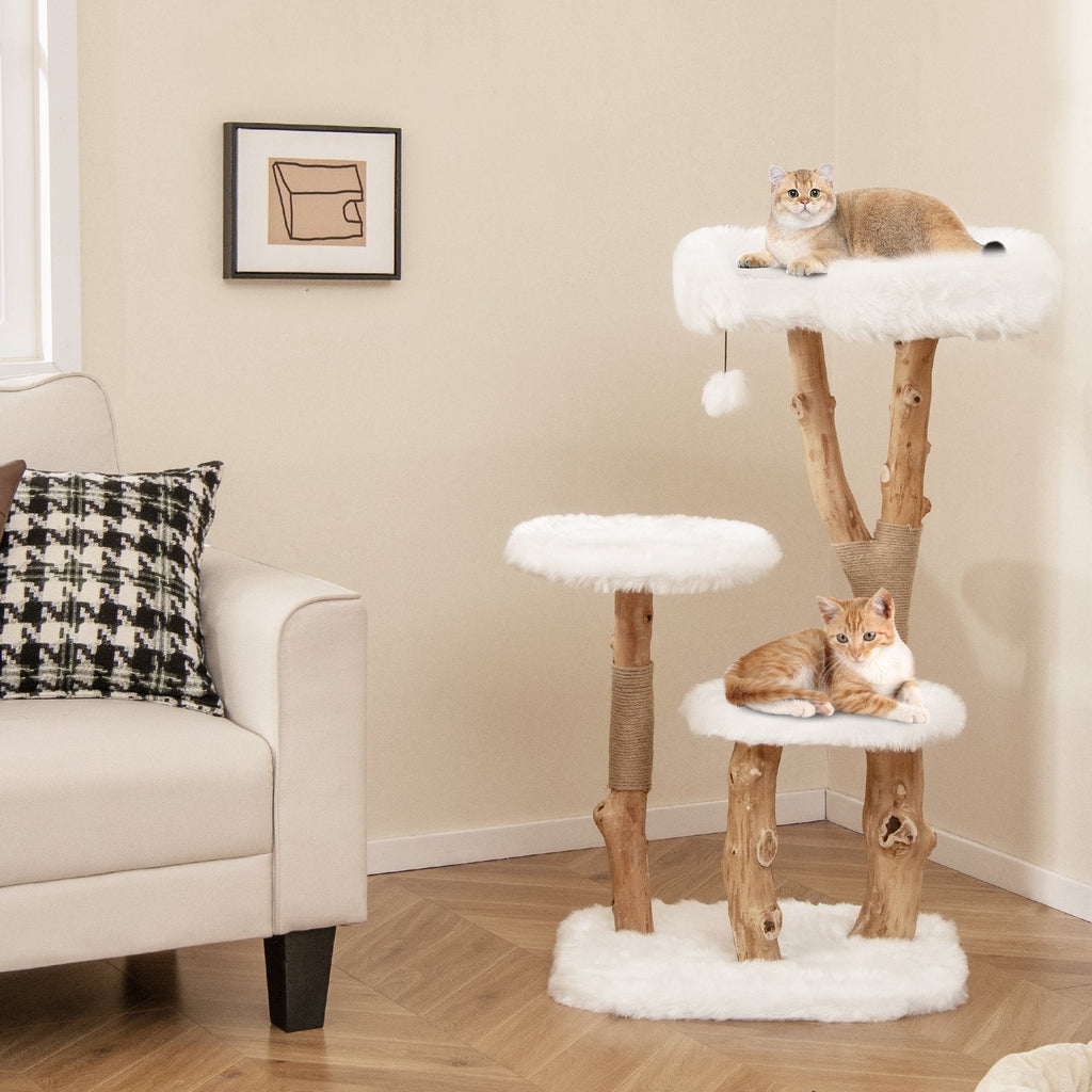 44 Inch Solid Pear Wood Cat Tree with 21 Inch Top Perch and Natural Jute Posts, White