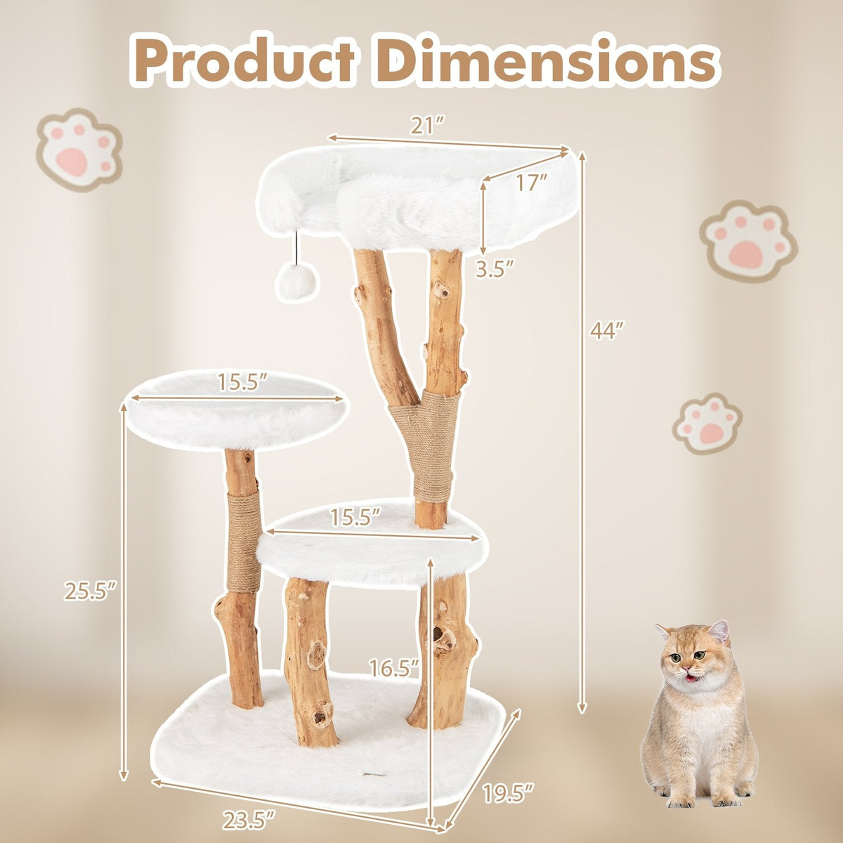 44 Inch Solid Pear Wood Cat Tree with 21 Inch Top Perch and Natural Jute Posts, White