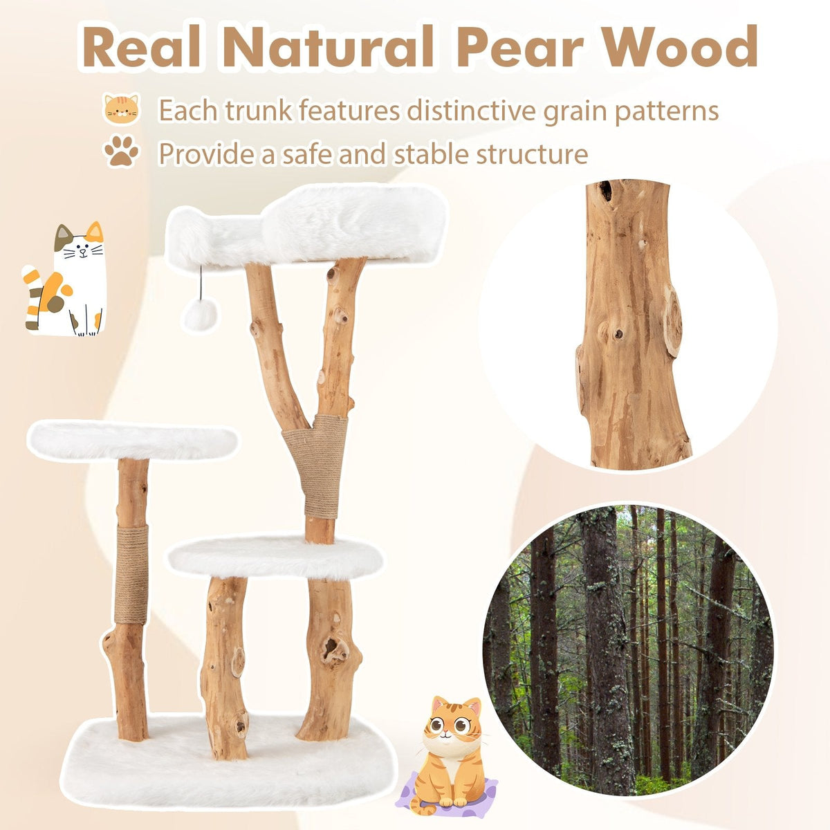44 Inch Solid Pear Wood Cat Tree with 21 Inch Top Perch and Natural Jute Posts, White