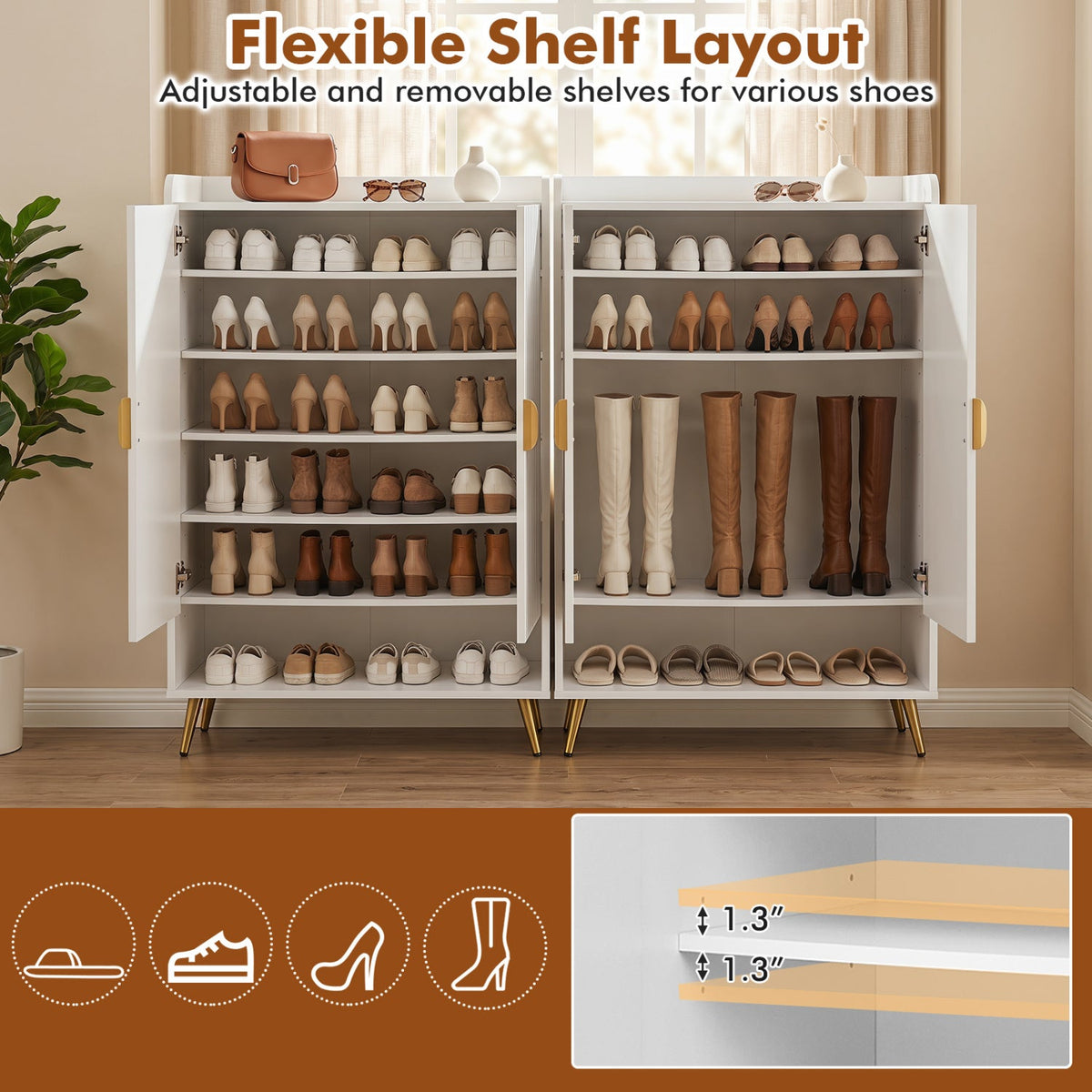 44 inches Tall Shoe Storage Cabinet with 7-Tier Doors and Adjustable Shelves for Entryway-White