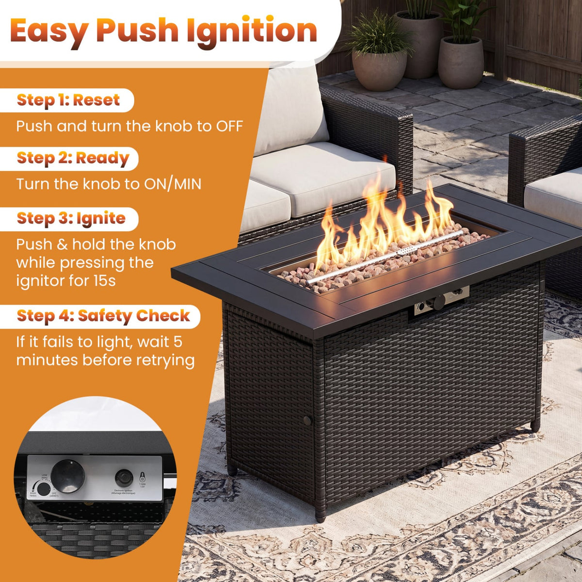 44.5 Inch Propane Fire Pit Table Rattan Gas 2-in-1 with Stainless Steel Burner-Black & Gray