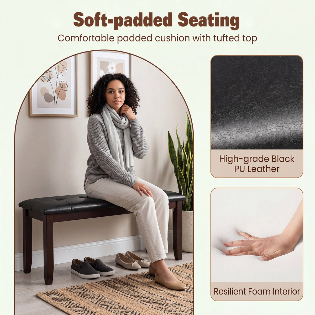 45.5 inches PU Leather Upholstered Bench with Soft Padded Seat and Strong Rubber Wood Legs-Brown