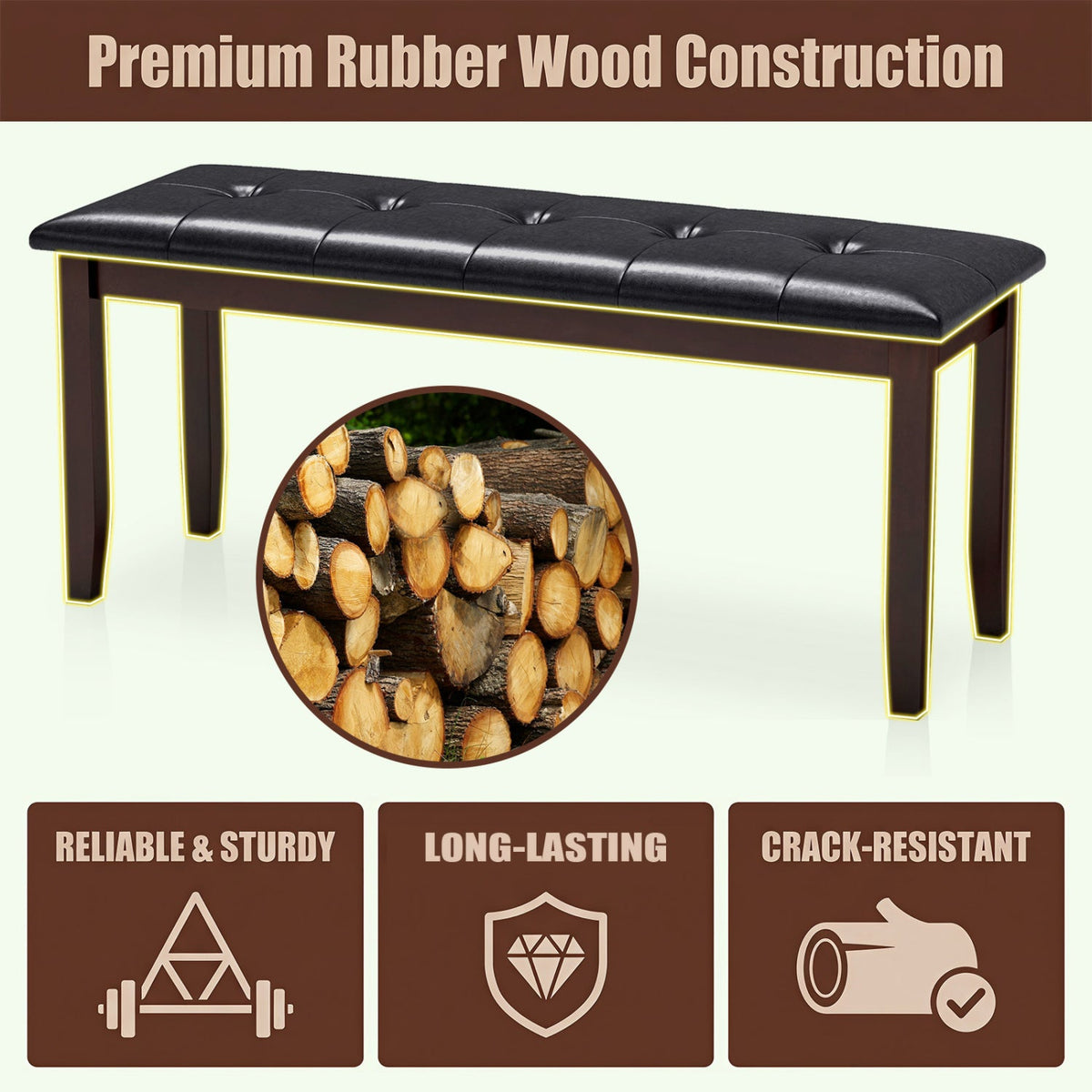 45.5 inches PU Leather Upholstered Bench with Soft Padded Seat and Strong Rubber Wood Legs-Brown