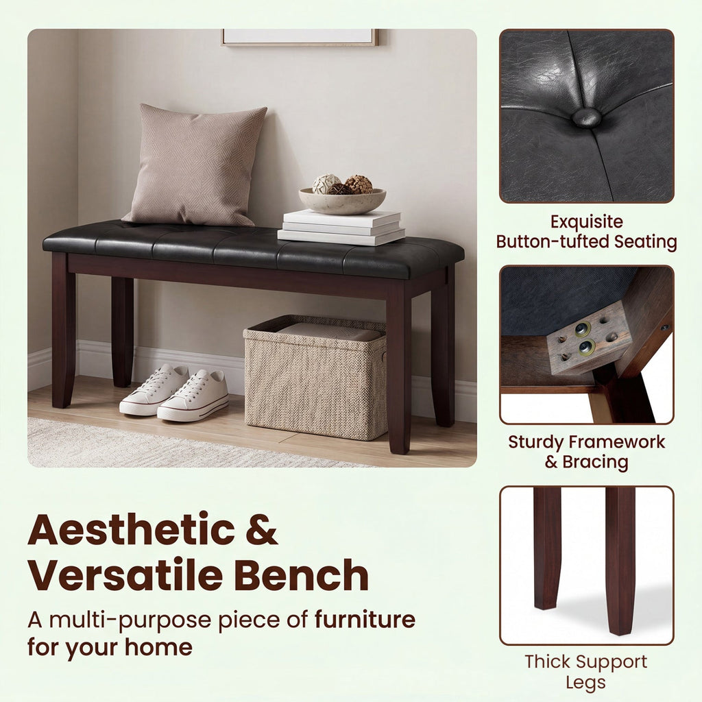 45.5 inches PU Leather Upholstered Bench with Soft Padded Seat and Strong Rubber Wood Legs-Brown