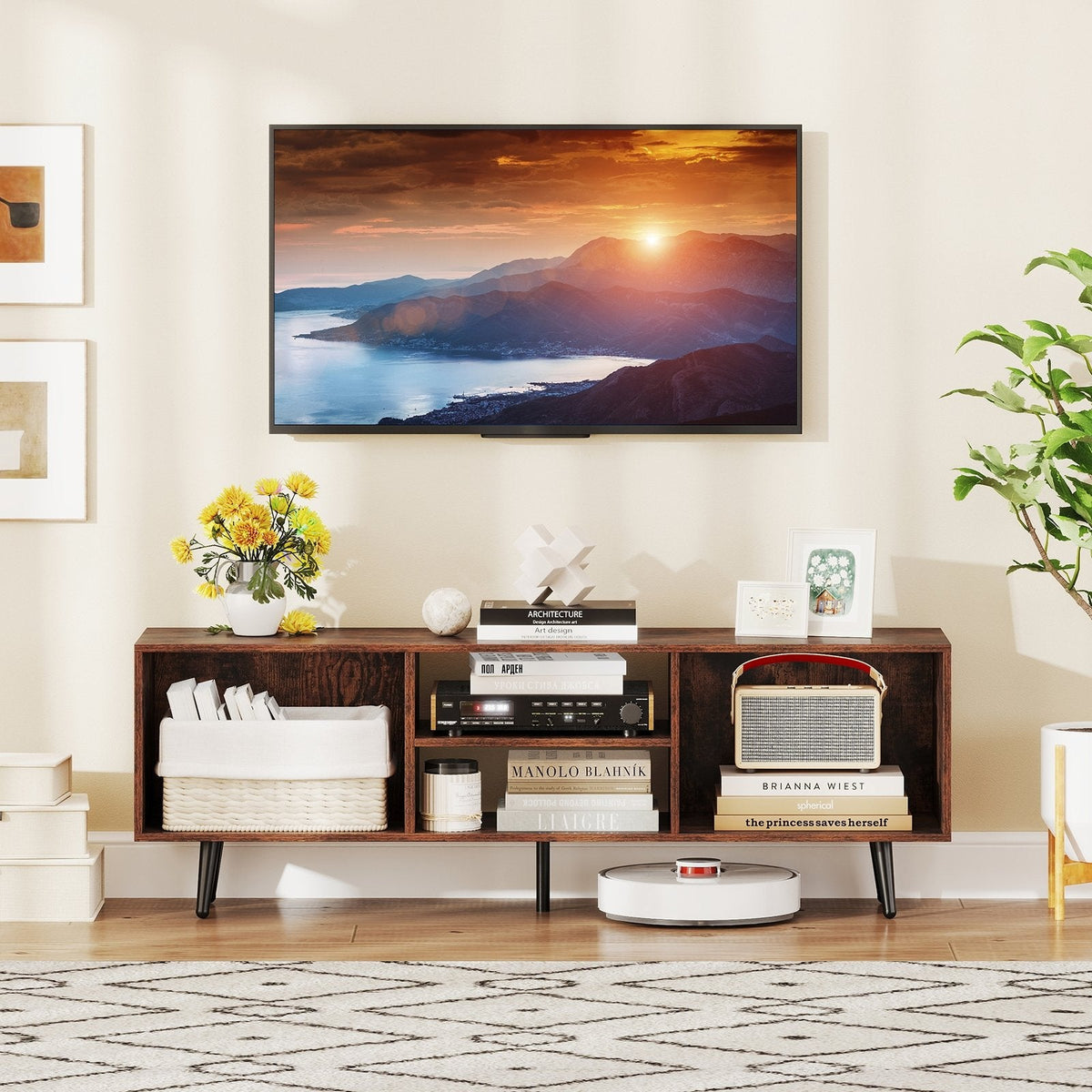 47.5 Inches TV Stand for 55-Inch TV with Compartments and Metal Legs-Rustic Brown