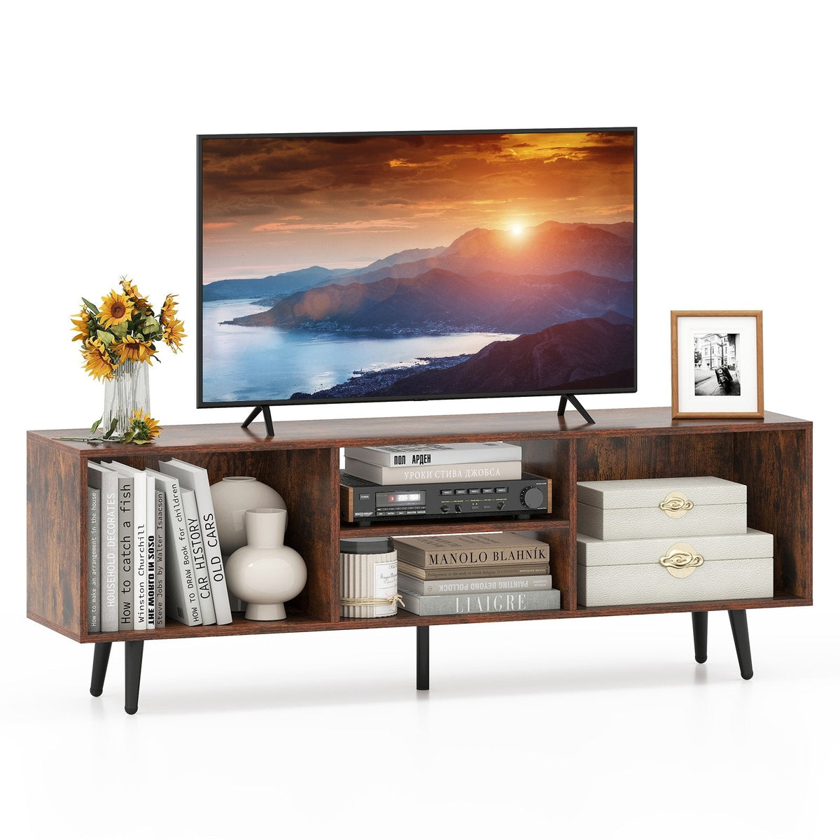 47.5 Inches TV Stand for 55-Inch TV with Compartments and Metal Legs-Rustic Brown