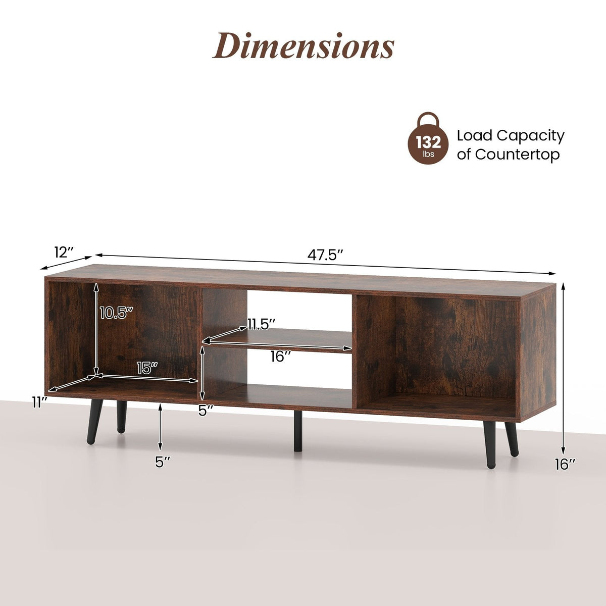 47.5 Inches TV Stand for 55-Inch TV with Compartments and Metal Legs-Rustic Brown