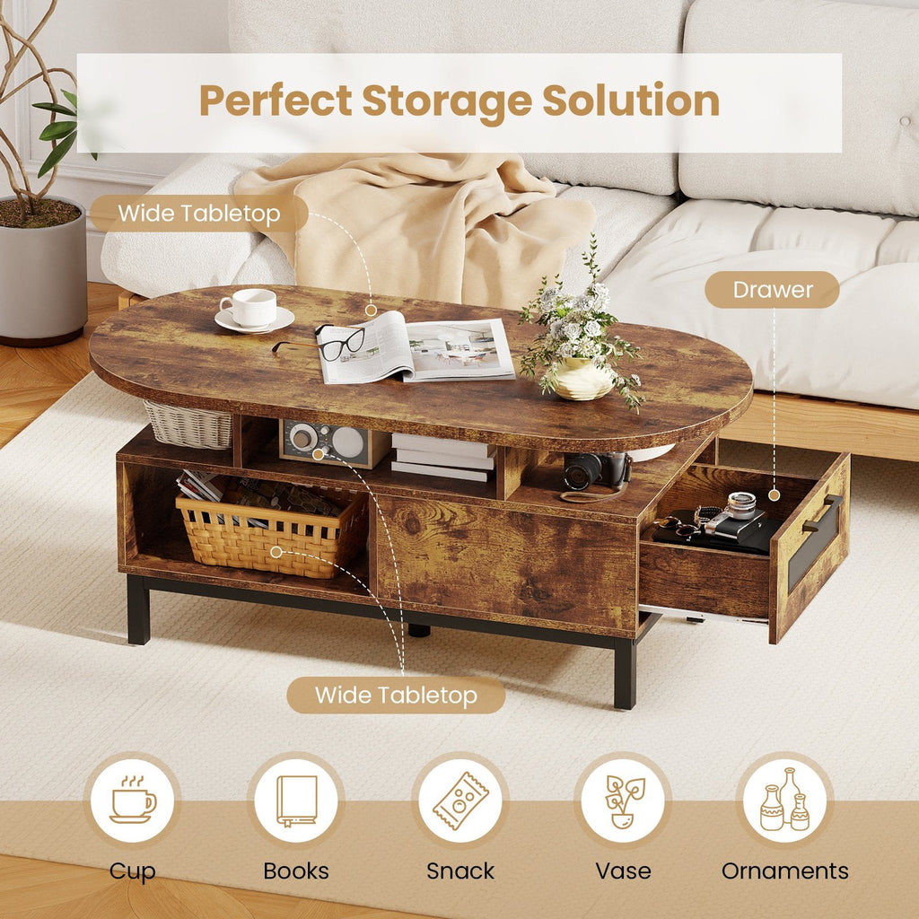47 Inch Oval Coffee Table with Storage and Open Compartments for Living Room-Rustic Brown