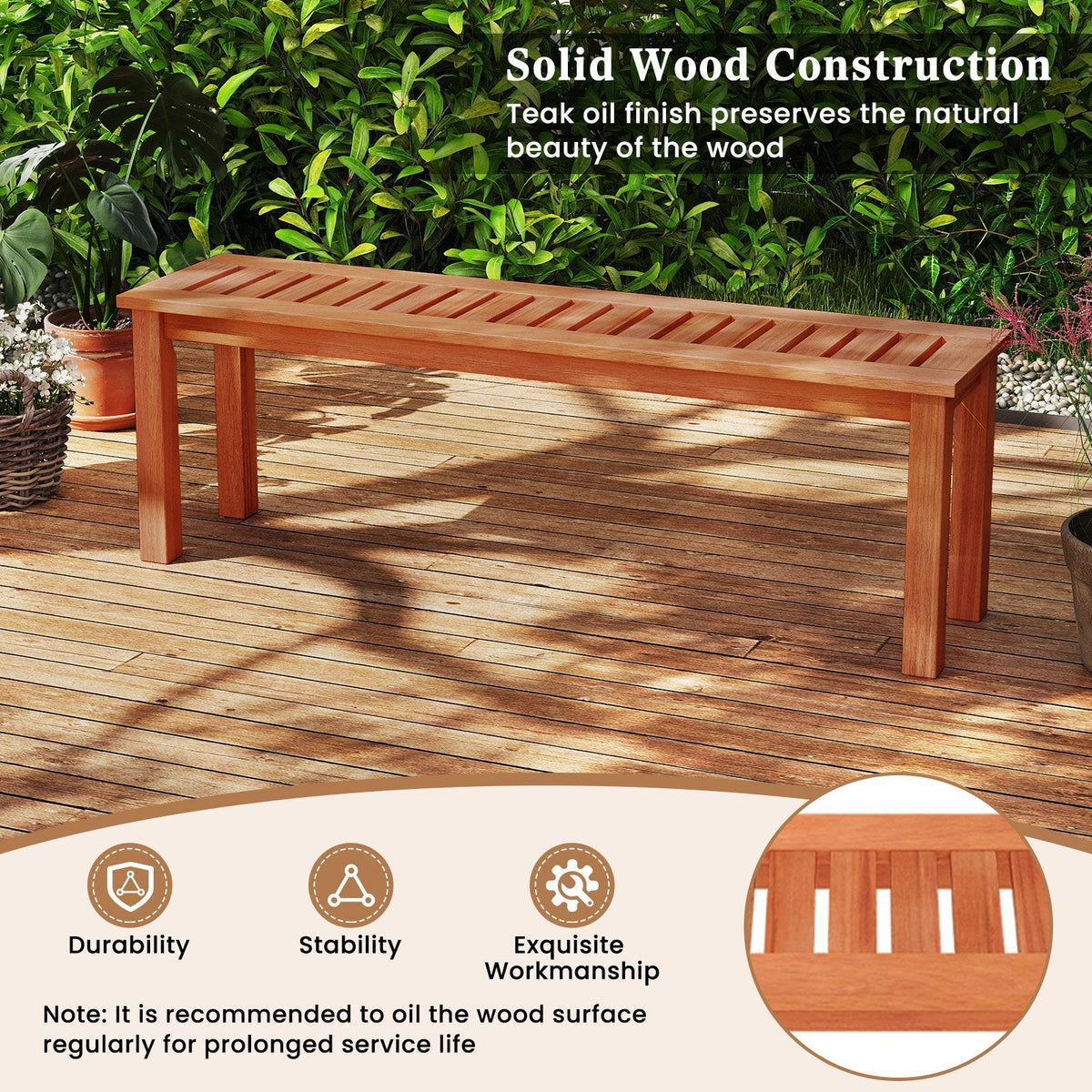 47 Inch Patio Wood Bench with Slatted Seat 2-Person