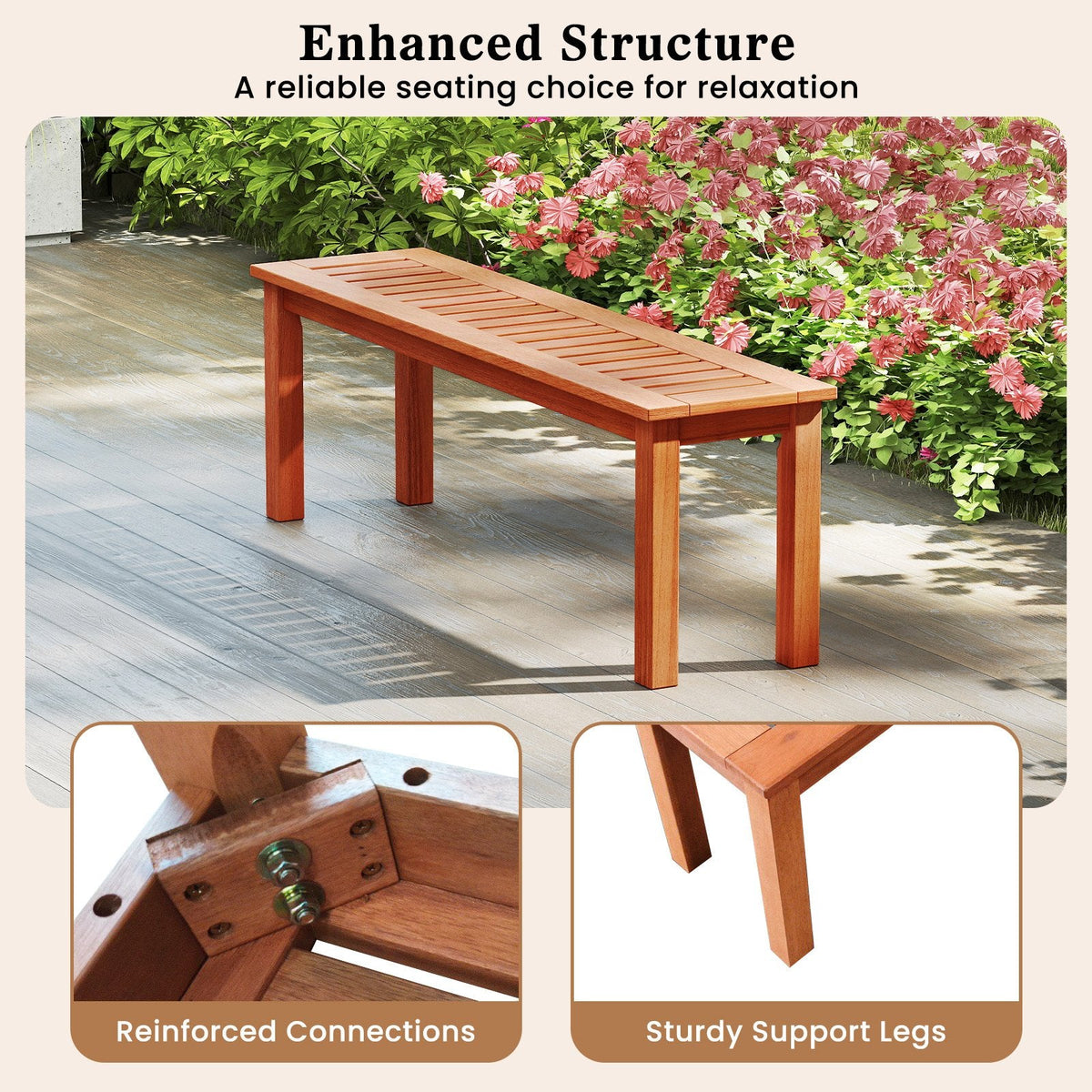 47 Inch Patio Wood Bench with Slatted Seat 2-Person